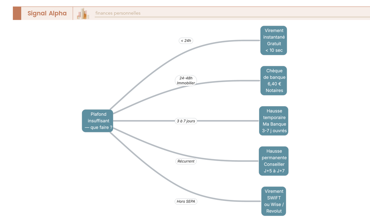 Organigramme de décision avec cinq branches issues d'un nœud central, flèches de couleurs distinctes selon les branches, rectangles aux terminaisons arrondies représentant les actions finales.