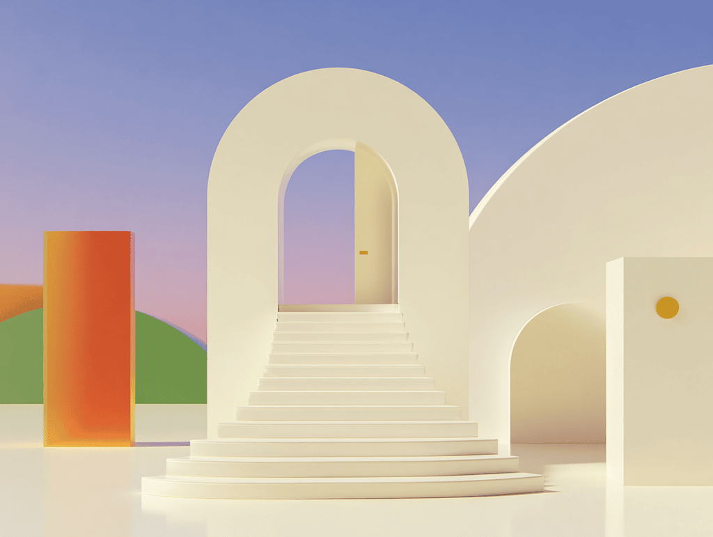 Arches blanches et escalier central, bloc orange et colline verte, sphère dorée à droite