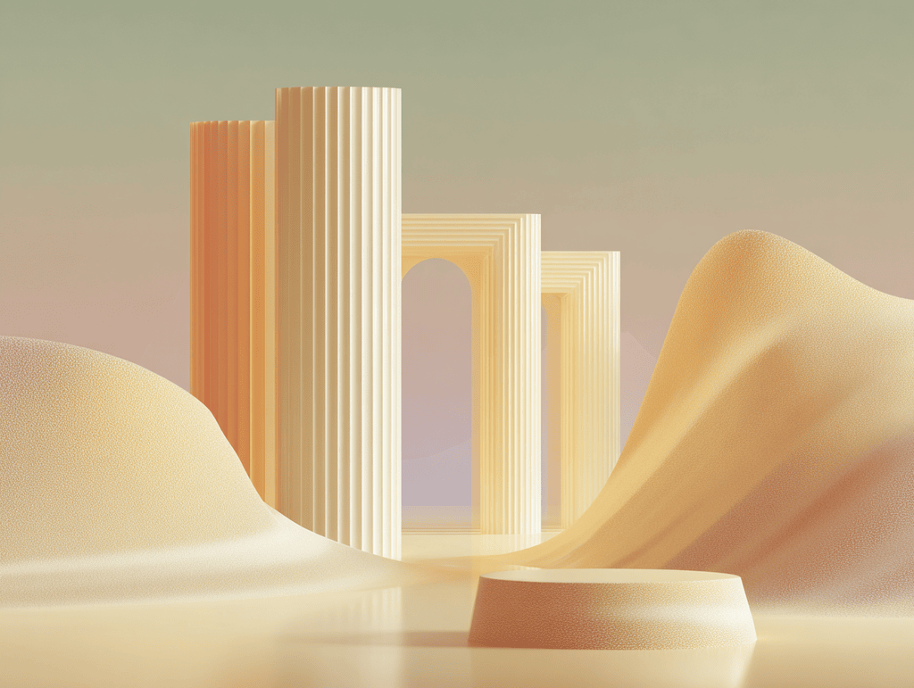 Colonnes cannelées et arche sur podium hexagonal, dunes dorées ondulantes en arrière-plan
