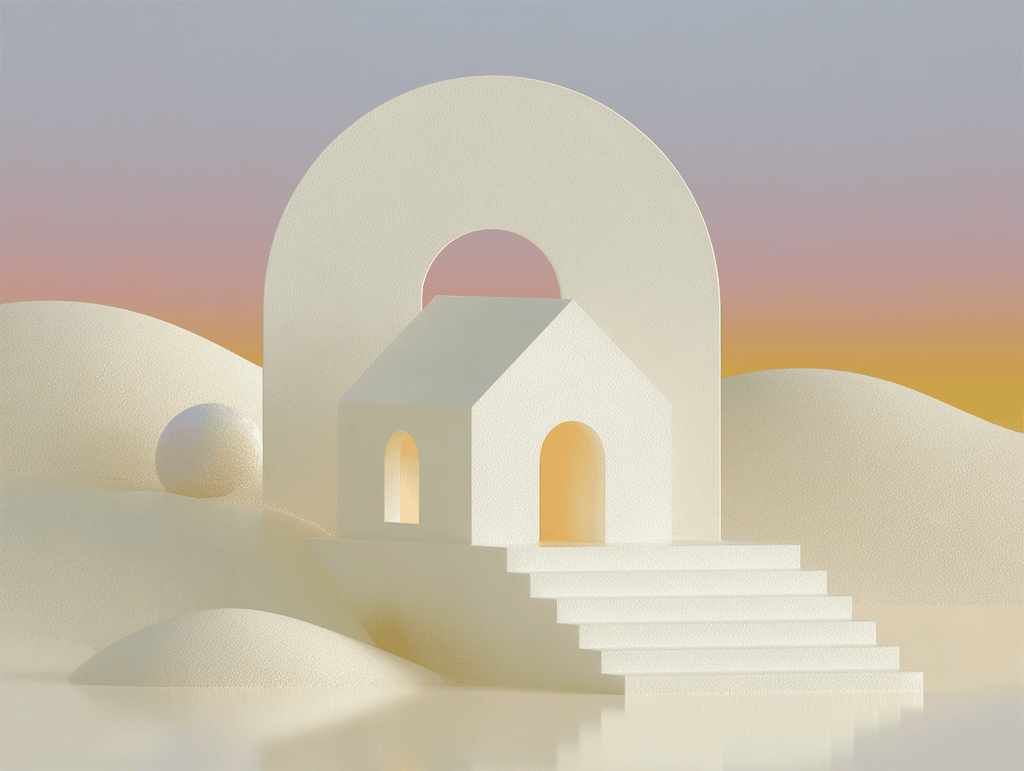 Petite maison blanche avec arche sous une grande arche, dunes blanches et sphère, ciel dégradé orange et gris