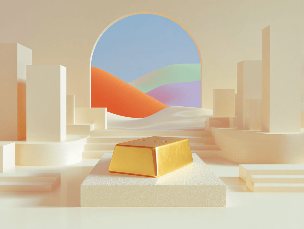 Lingot doré sur un piédestal blanc sous une arche ouverte sur un paysage coloré, blocs géométriques autour