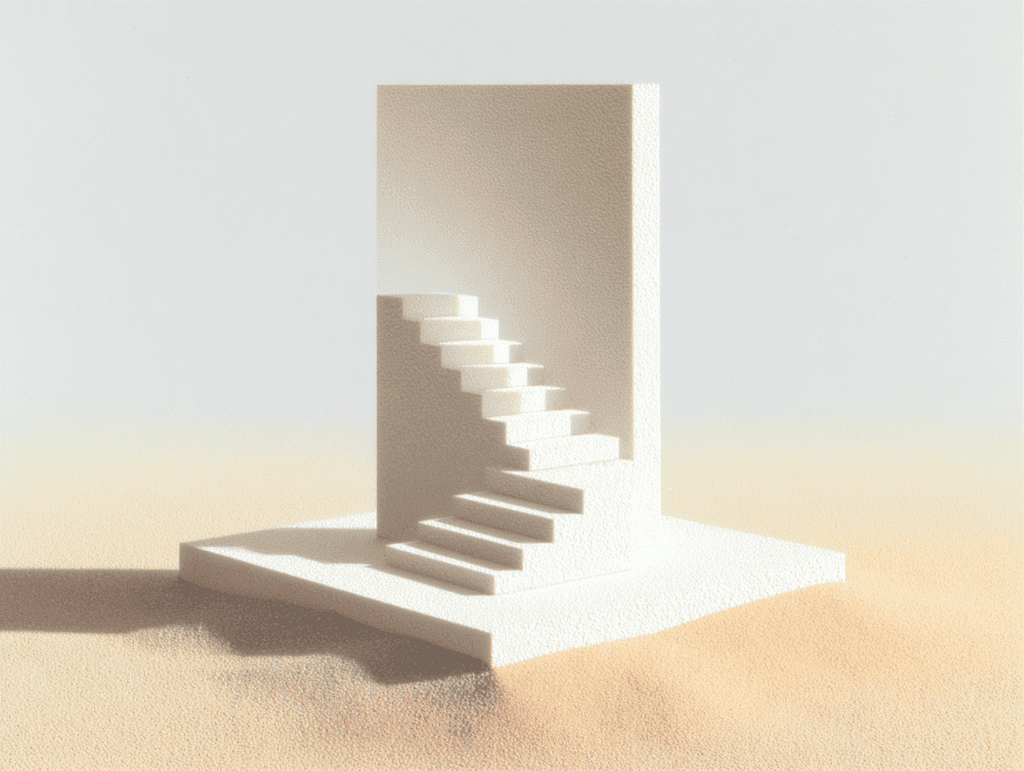 Bloc cubique blanc épuré doté d'un escalier extérieur à marches régulières sur fond sableux clair, lumière diffuse mettant en relief les arêtes géométriques.