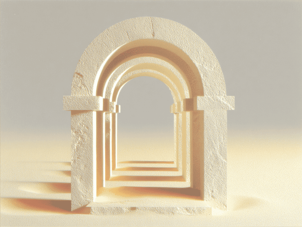 Arche en pierre beige 3D avec colonnes rectangulaires et clé de voûte courbe ; à l'intérieur, une enfilade d'arches concentriques s'enfonce vers le fond, sur un sol sableux uniforme.