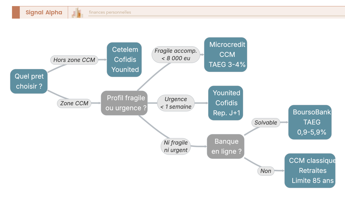 Arbre de décision en 5 branches comparant Crédit Municipal, Cetelem, Cofidis, BoursoBank et Younited selon profil emprunteur en 2026.