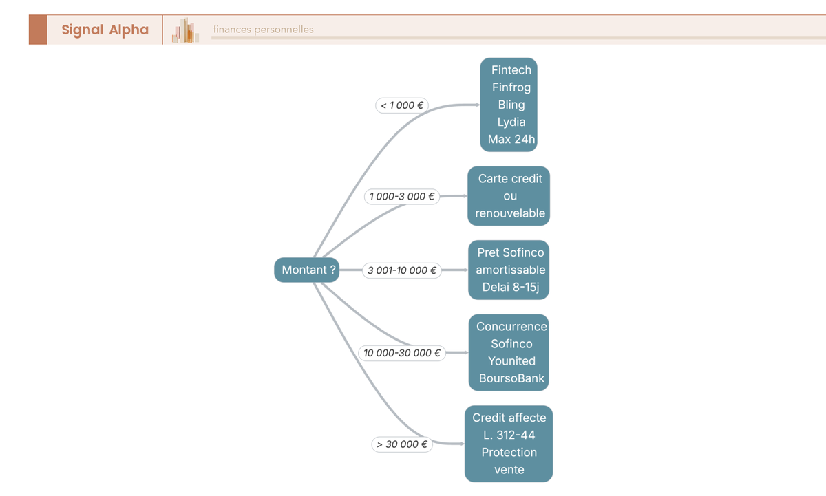 Arbre de décision à cinq branches selon le montant du besoin : mini-prêt fintech sous 1 000 €, carte de crédit entre 1 000 et 3 000 €, prêt personnel entre 3 001 et 10 000 €, mise en concurrence Sofinco entre 10 000 et 30 000 €, crédit affecté au-dessus de 30 000 €.