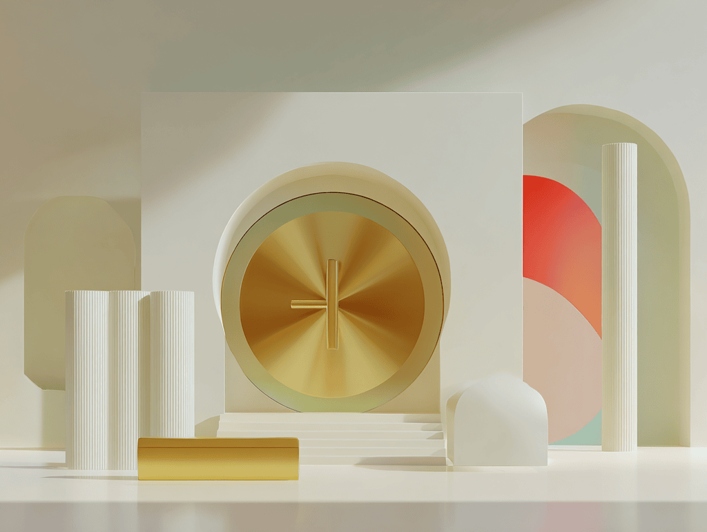 Grand disque doré texturé dans un cadre blanc, cylindre et demi-cercle rouge-orange, petites arches autour