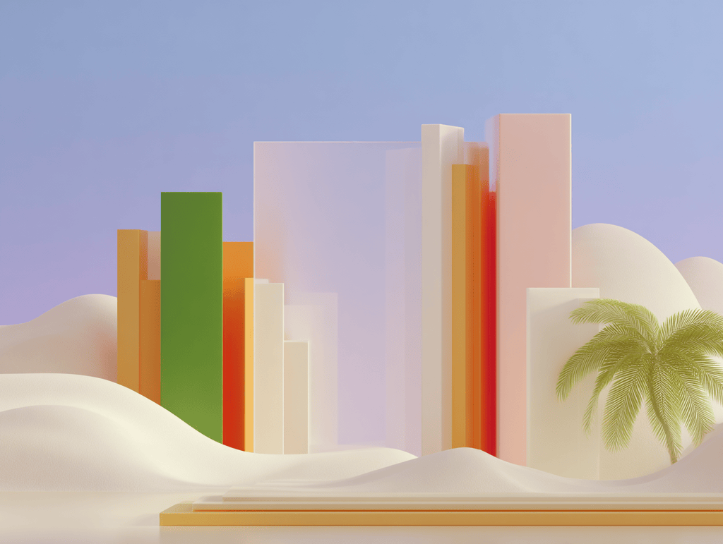 Barres verticales colorées vertes, orange et roses devant des dunes blanches, palmier à droite, fond violet
