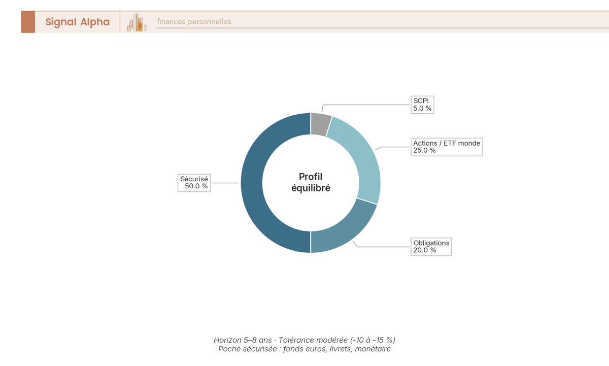 Diagramme en anneau du profil équilibré : sécurisé 50 %, obligations 20 %, actions 25 %, SCPI 5 %.