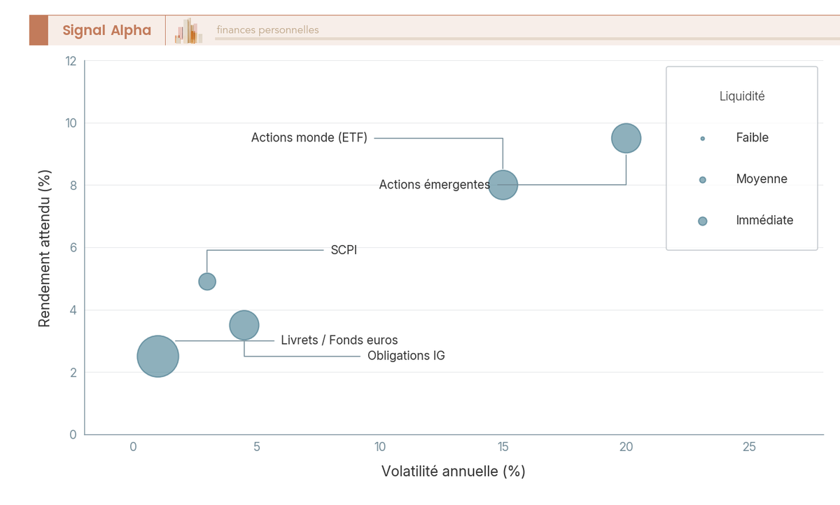 Diagramme à bulles plaçant cinq classes d'actifs selon volatilité (X) et rendement (Y), la taille de bulle codant la liquidité.