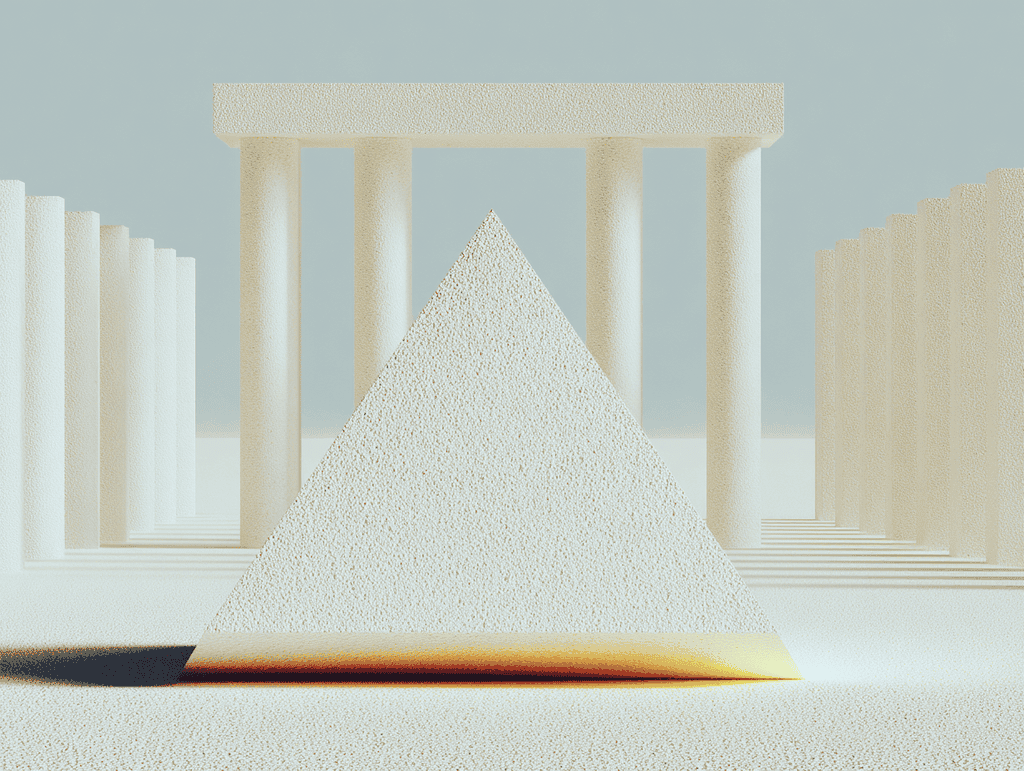 Pyramide blanche texturée au centre, posée sur un socle souligné d'un liseré orange lumineux. En arrière-plan, une colonnade beige et des rangées de blocs bas, palette sable monochrome.