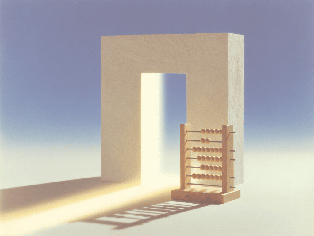 Porte monolithique beige percée d'une ouverture lumineuse, un boulier en bois adossé à droite ; lumière dorée traversant l'embrasure et projetée sur le sol clair, fond dégradé bleu pâle.