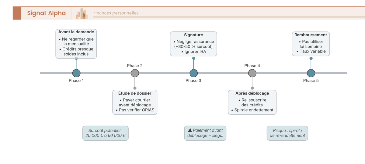 Frise chronologique des pièges du rachat de crédits à chaque phase du processus, de la demande au remboursement