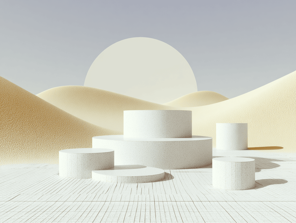 Plusieurs podiums cylindriques blancs de hauteurs variées posés sur un sol clair strié, devant des dunes de sable beige et un grand disque pâle bas sur l'horizon.