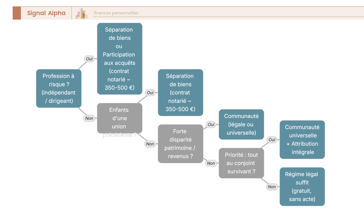 Arbre de décision régime matrimonial : 4 nœuds (profession à risque, enfants union précédente, disparité patrimoine, priorité conjoint) menant à 3 régimes recommandés.