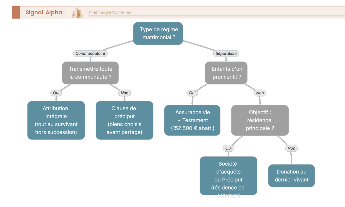 Arbre de décision protection conjoint survivant : régime communautaire ou séparatiste, enfants premier lit, objectif résidence — 4 instruments de protection en feuilles.