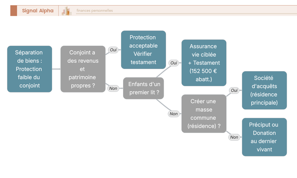 Arbre de décision séparation de biens : 3 nœuds (revenus propres conjoint, enfants premier lit, objectif commun) menant à 4 instruments de protection du conjoint survivant.