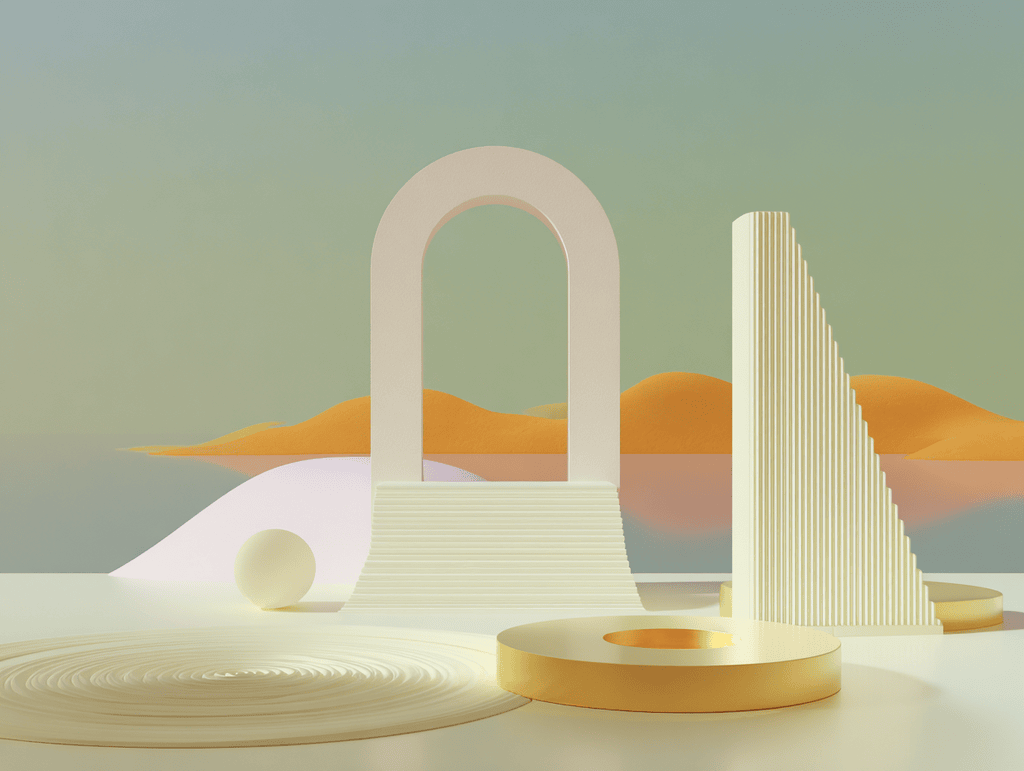 Arche ouverte, spirale enroulée et pyramide sur socles, dunes orangées en arrière-plan