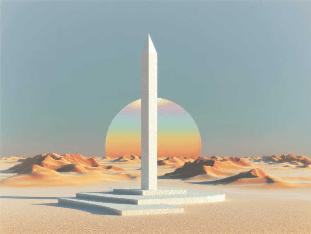 Haut obélisque blanc dressé sur un socle à degrés, au centre d'un désert de dunes beiges. Derrière lui, un grand disque aux dégradés orangés et bleutés, ciel pâle.