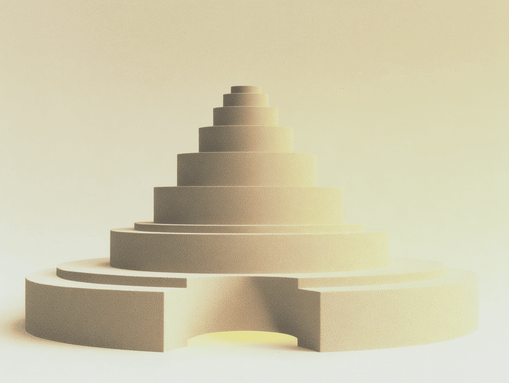 Pyramide à degrés en grès clair posée sur un socle circulaire avec une petite ouverture en arche, sur un fond beige dégradé.