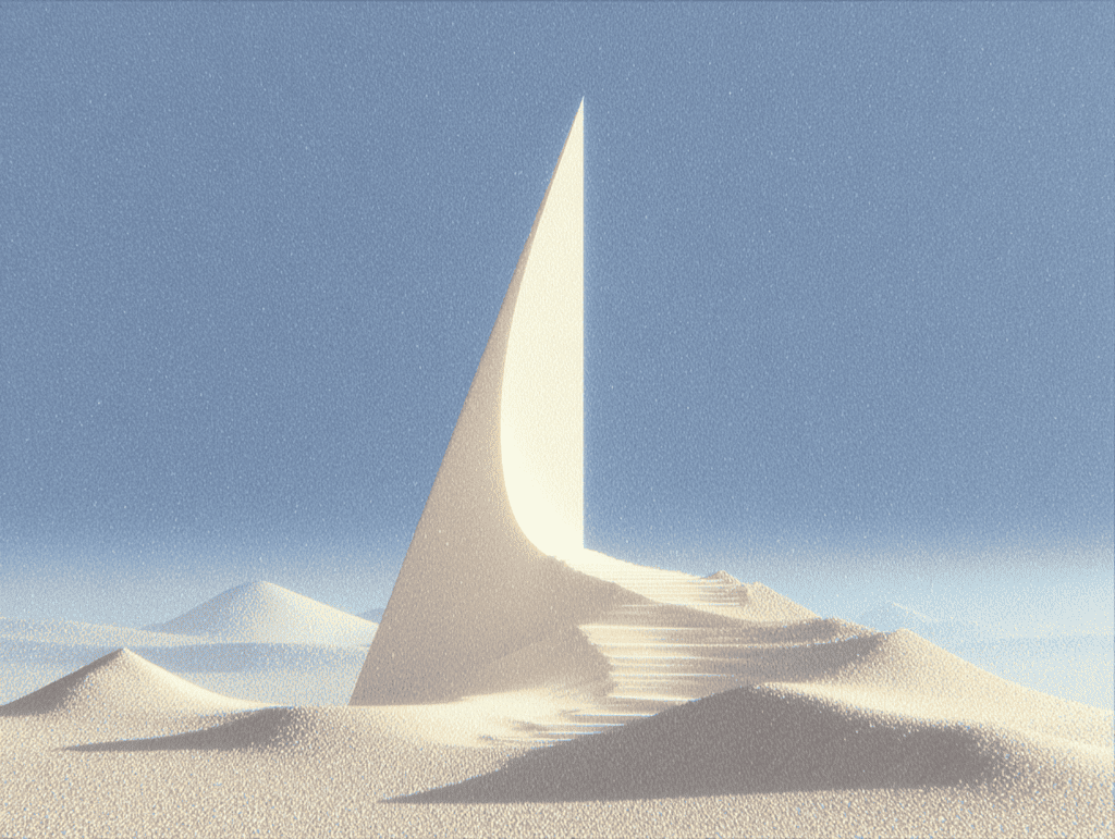 Monolithe vertical en sable mat au profil effilé asymétrique, dressé sur des dunes ondulées beige clair, petit relief conique en arrière-plan, ciel bleu pâle dégradé.