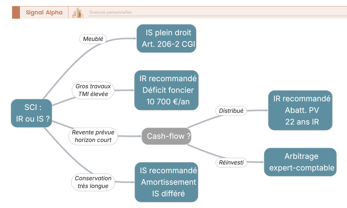 Arbre de décision : choix fiscal SCI à l'IR ou à l'IS selon l'horizon, l'intention de revente, le cash-flow, la TMI et l'ampleur des travaux.