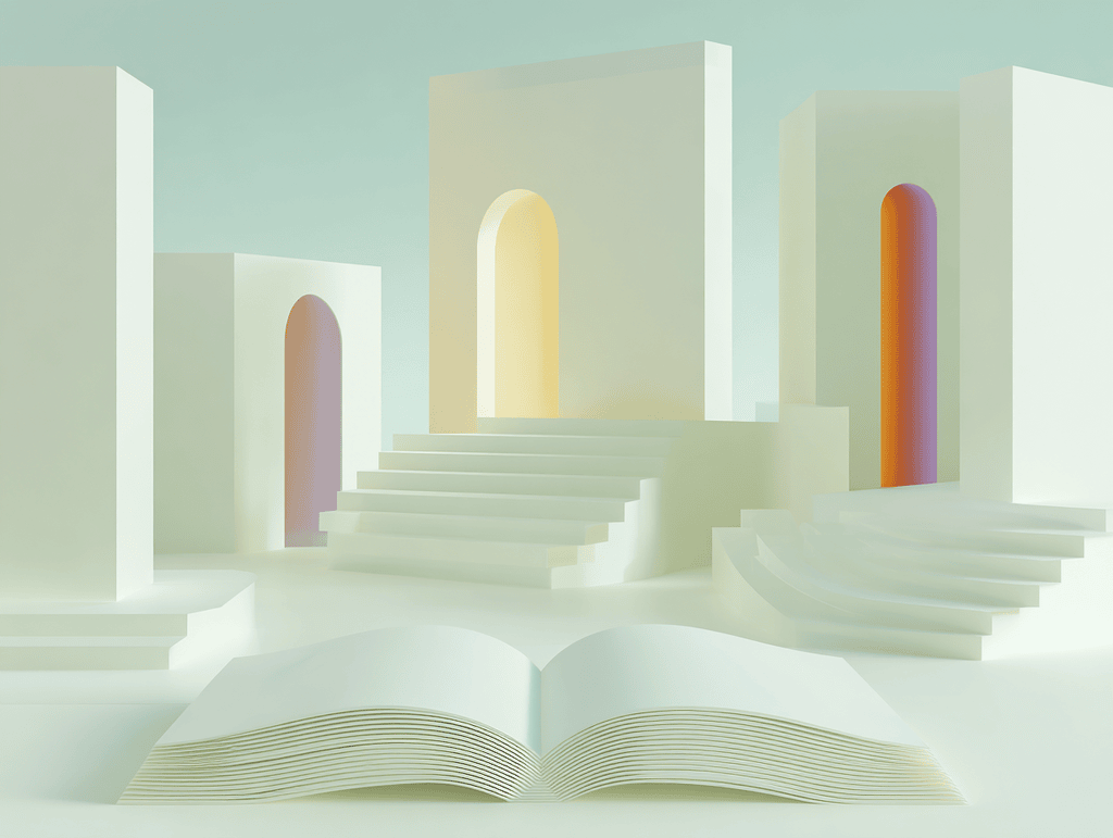 Livre ouvert devant des murs blancs percés d'arches colorées jaune, orange et rouge, escaliers de part et d'autre