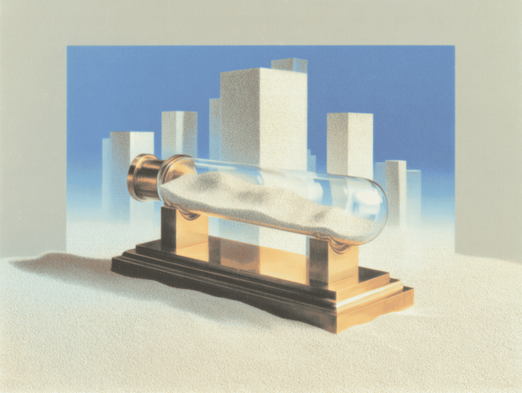 Tube cylindrique en verre horizontal posé sur un socle en bois, devant une silhouette de gratte-ciels blancs aux façades cubiques sur fond de ciel dégradé bleu.
