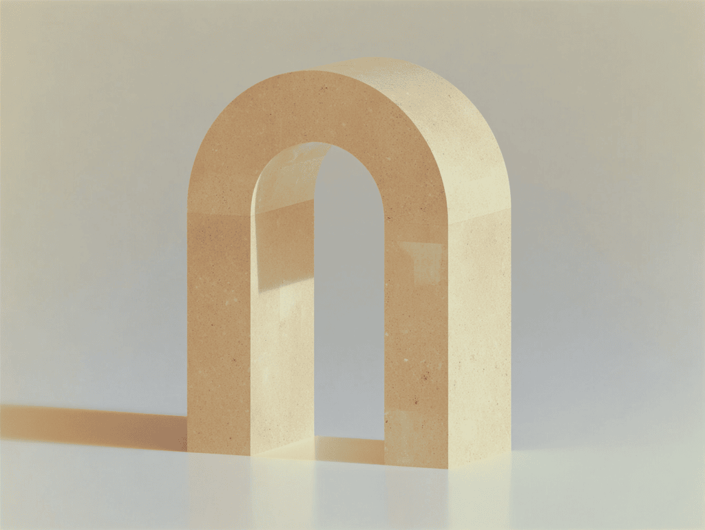 Arche beige sable monolithique en 3D minimaliste, debout sur un plan clair, ombre projetée à droite, sur fond uni légèrement dégradé.