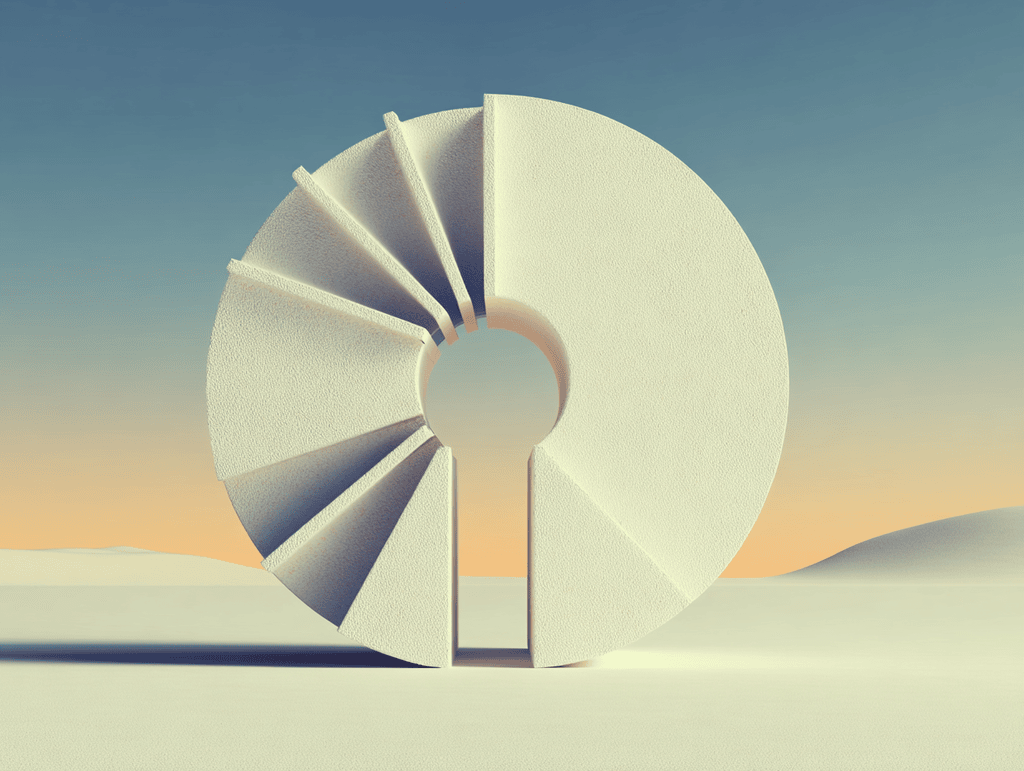 Disque clair épais percé d'une serrure centrale, prolongé à gauche par un éventail de lames en spirale, posé sur une étendue sableuse sous un ciel dégradé bleu et orangé.