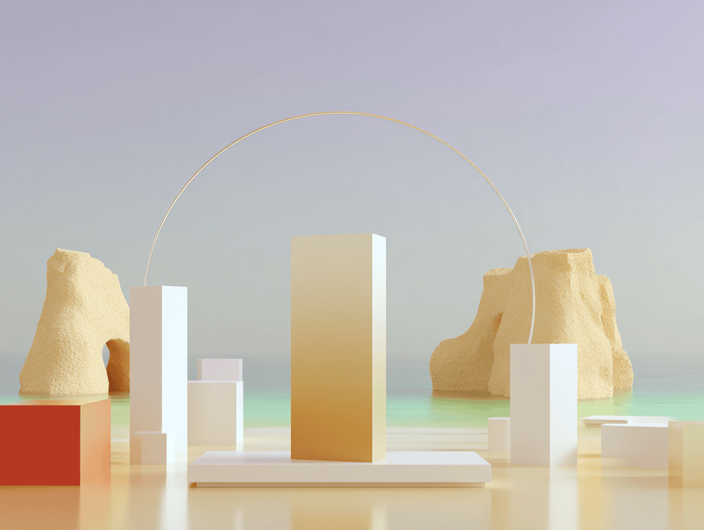 Arc doré au-dessus de colonnes et blocs colorés, rochers beiges et surface aigue-marine