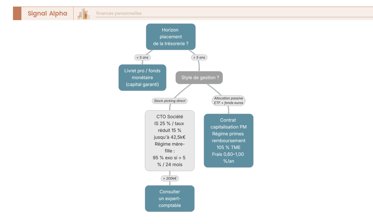 Arbre de décision dirigeant trésorerie société, CTO personne morale ou contrat de capitalisation selon horizon, style de gestion et volume.