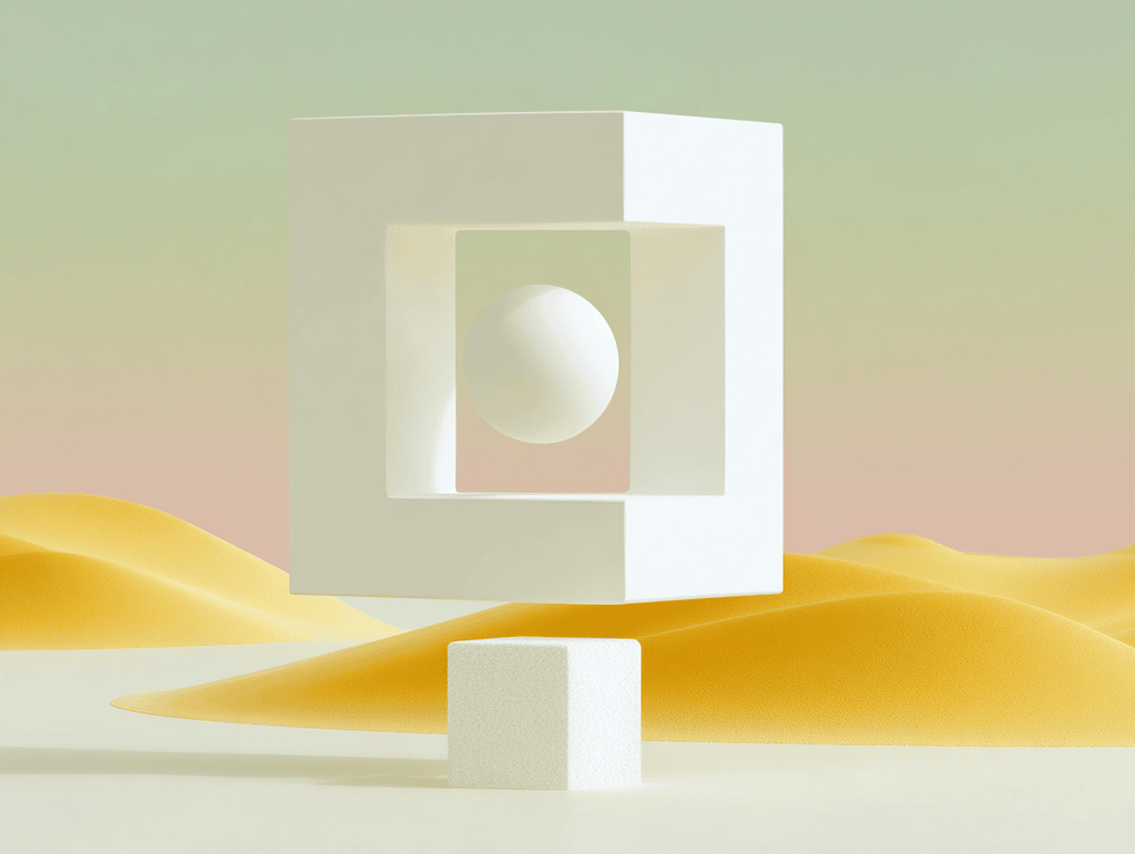 Cadres blancs imbriqués avec sphère blanche au centre, petit cube au premier plan, dunes dorées en fond