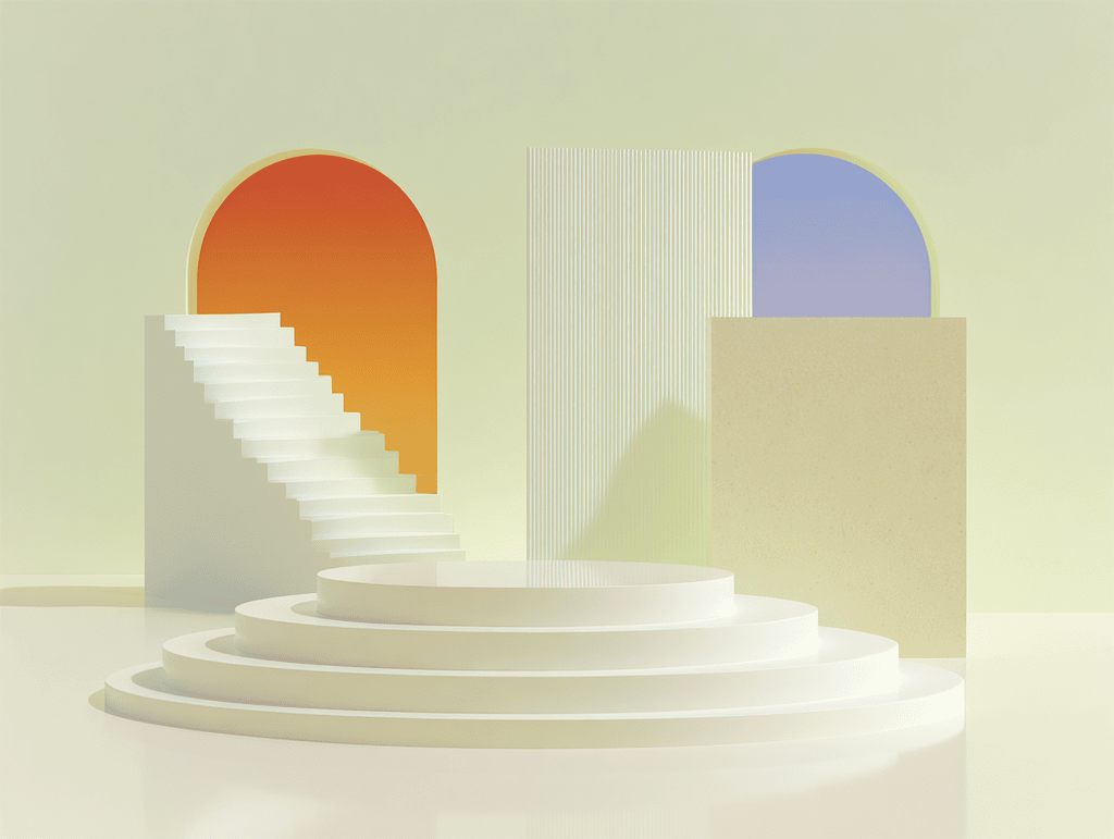 Podium circulaire blanc à marches, arche orange avec escalier à gauche, arche bleue à droite