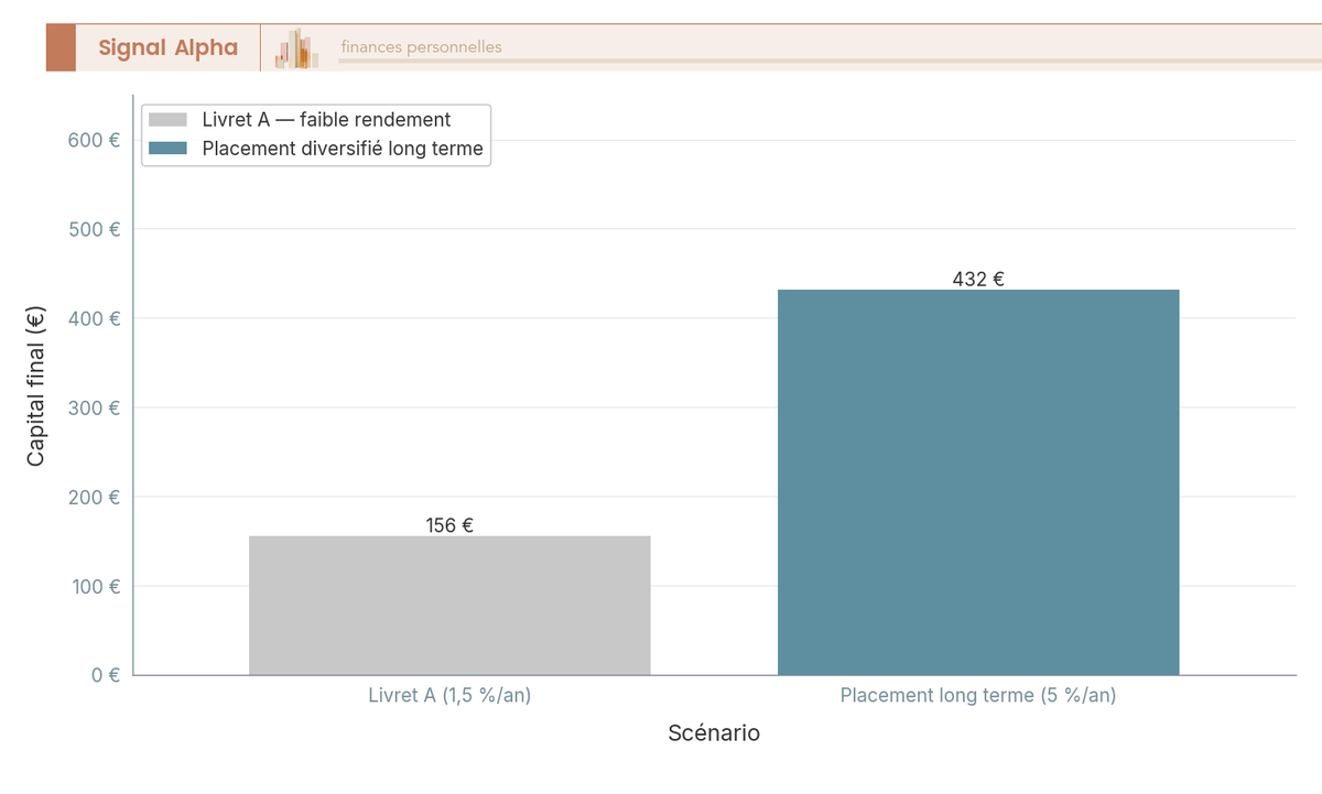 Diagramme à barres comparant le capital final de 100 € sur 30 ans à 1,5 % contre 5 % par an.