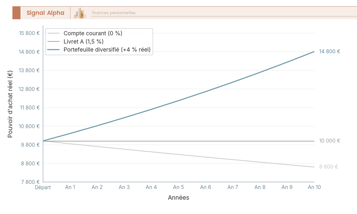 Graphique en courbes comparant le pouvoir d'achat de 10 000 € sur 10 ans selon trois supports d'épargne.