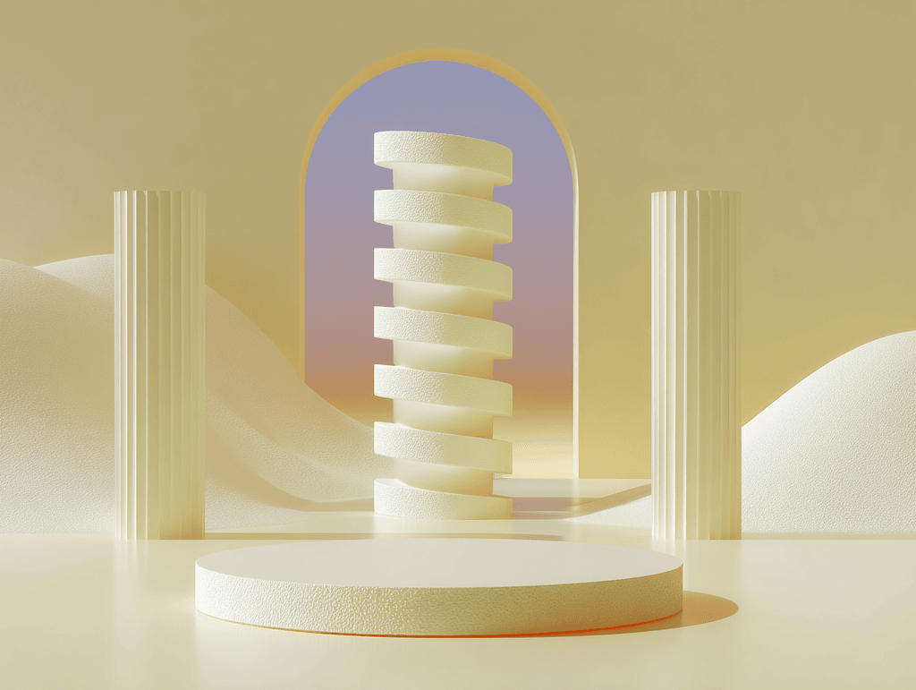 Tour de disques empilés en spirale sur podium, arche violette et colonnes cannelées en fond