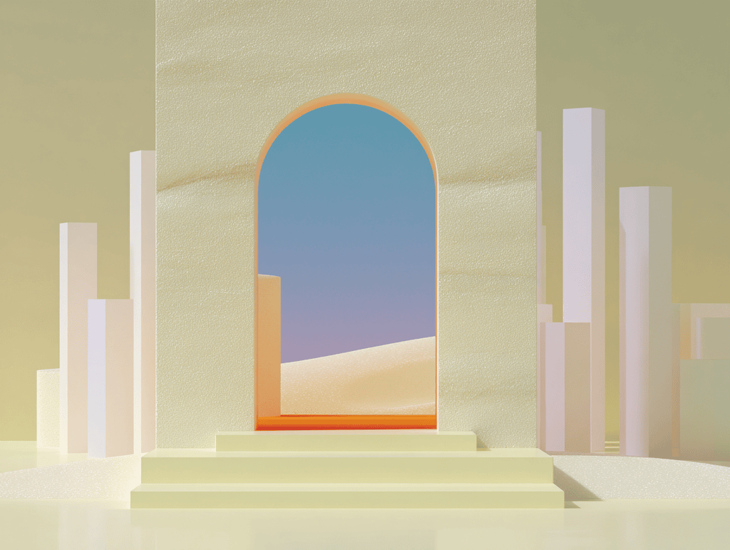 Grande arche ouverte sur un ciel bleu dégradé et des dunes, colonnes verticales blanches de part et d'autre