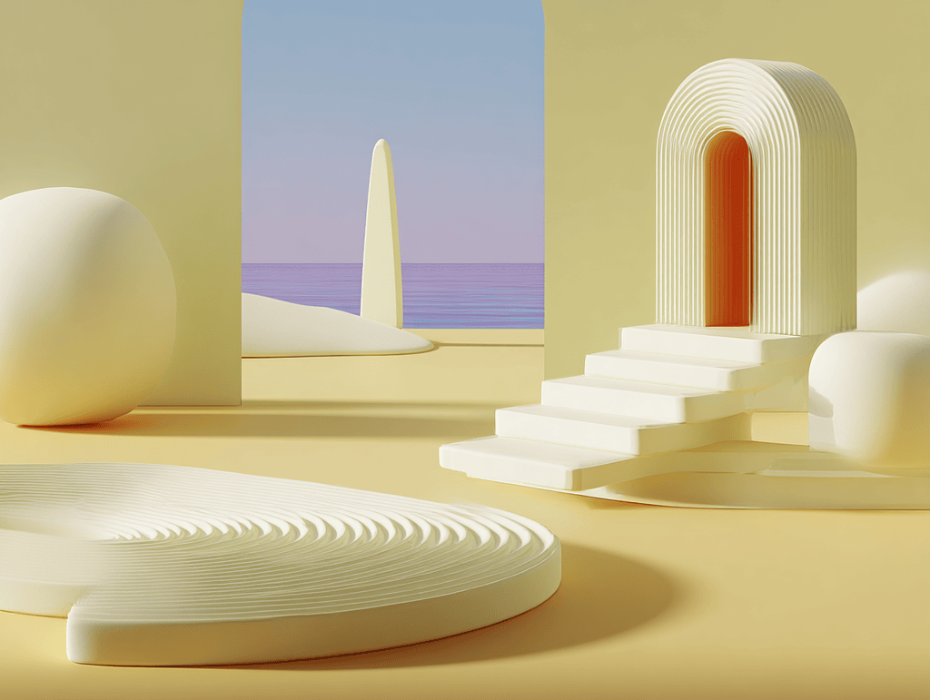 Obélisque blanc, arche rouge-orangée et demi-sphères, podium ovale strié au premier plan