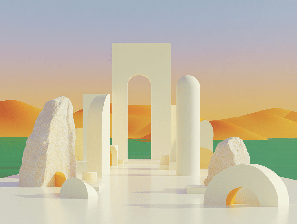 Arche rectangulaire dorée entourée de rochers blancs arrondis, dunes orangées en fond