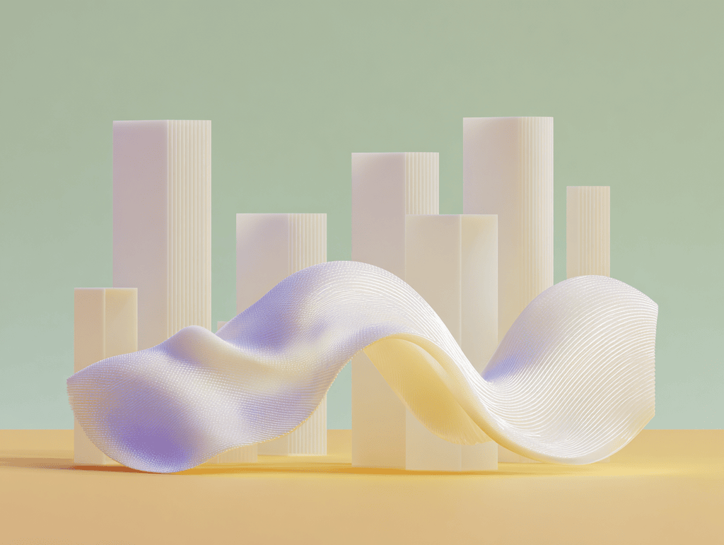 Ruban ondulant blanc et violet devant des colonnes rectangulaires, surface dorée au premier plan