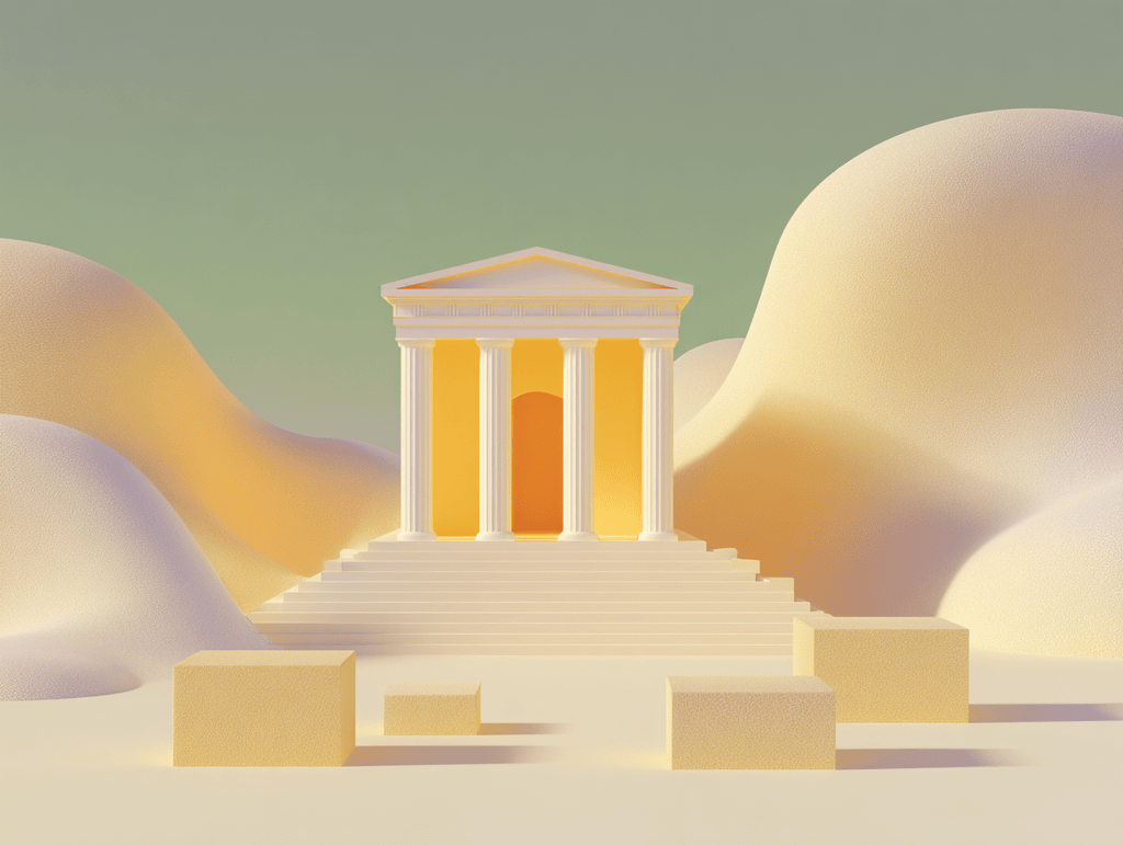 Temple à colonnes et fronton sur escaliers, collines dorées arrondies en arrière-plan