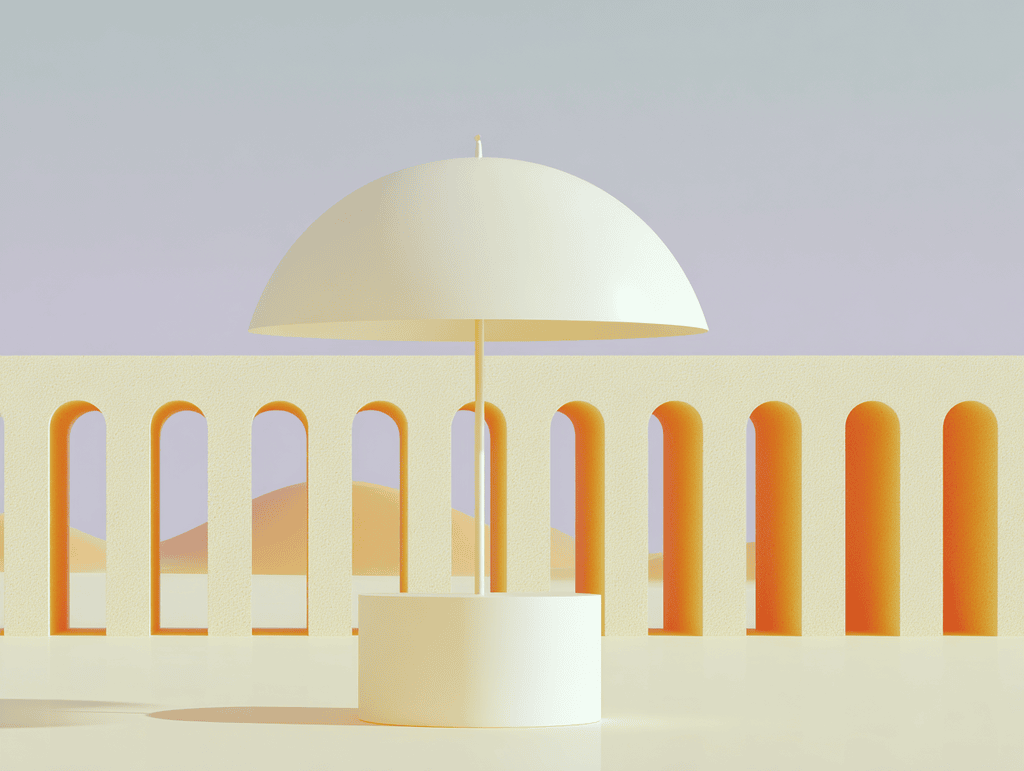 Illustration 3D minimaliste en tons beige — composition abstraite évoquant la transmission patrimoniale, la protection intergénérationnelle et l'optimisation successorale