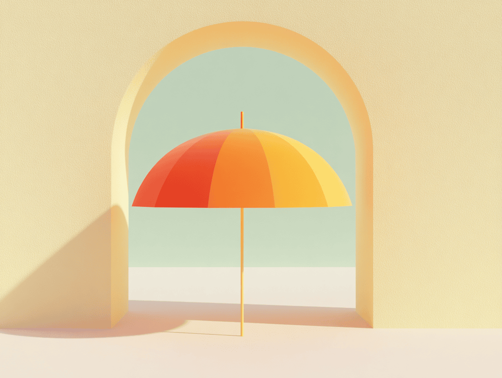 Parapluie orange et doré sous une arche beige, ombre portée sur sol clair
