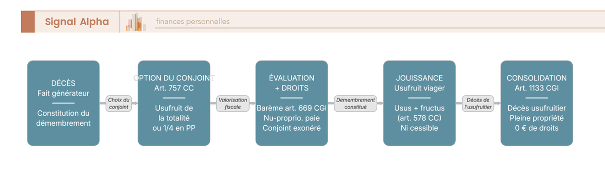 Diagramme de flux du cycle de vie d'un usufruit successoral, du décès du plein propriétaire à la consolidation sans droits, en 7 étapes.