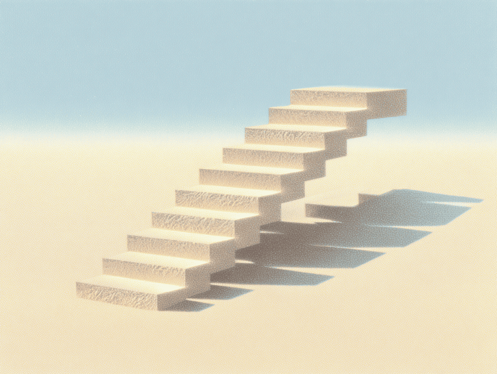 Escalier minimaliste blanc à marches asymétriques montant en diagonale vers la gauche, posé sur étendue sableuse beige sous ciel bleu pâle, ombres douces.
