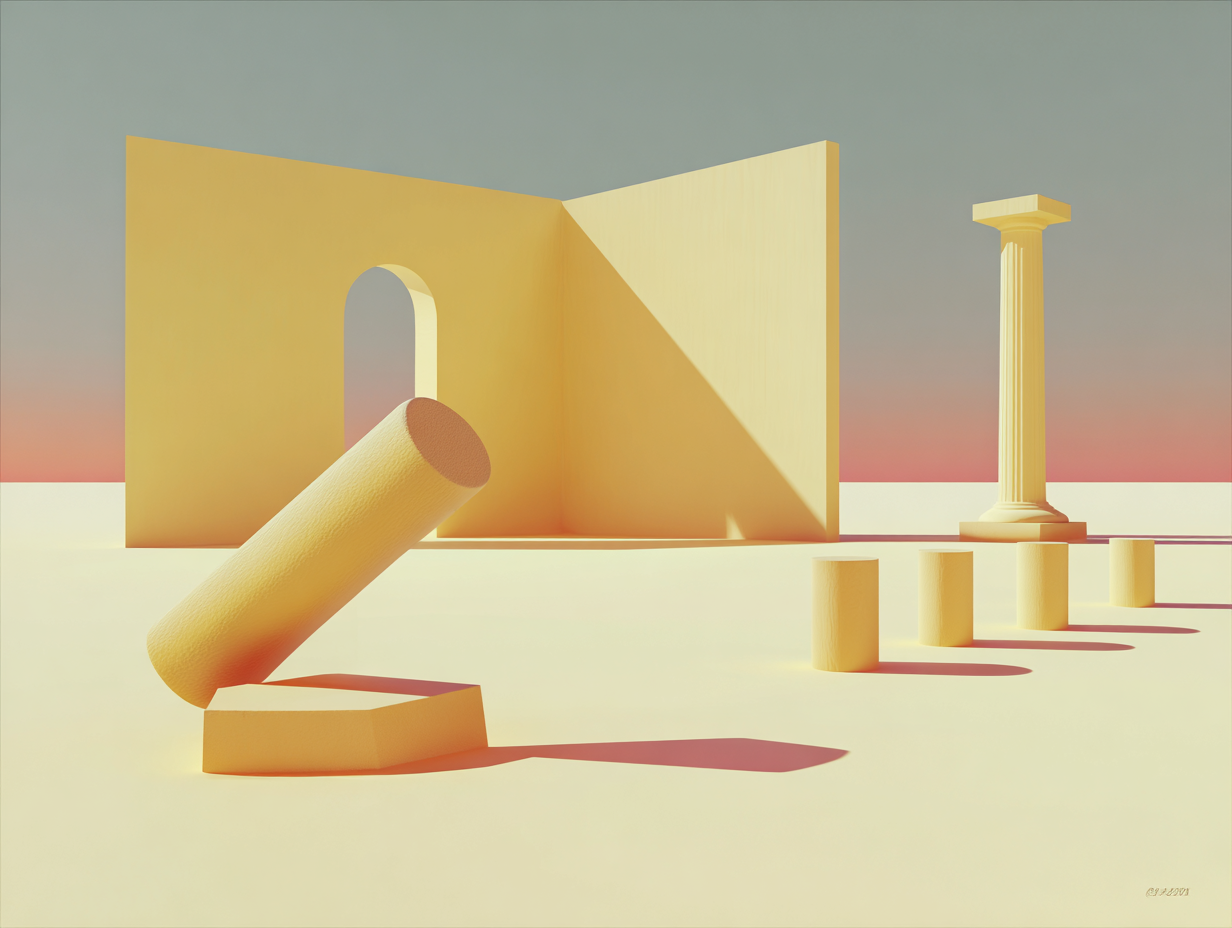 Tampon sculptural cylindrique surdimensionné sur socle plat, rangée de tampons décroissants en second plan, mur avec niches rectangulaires et colonne distante.