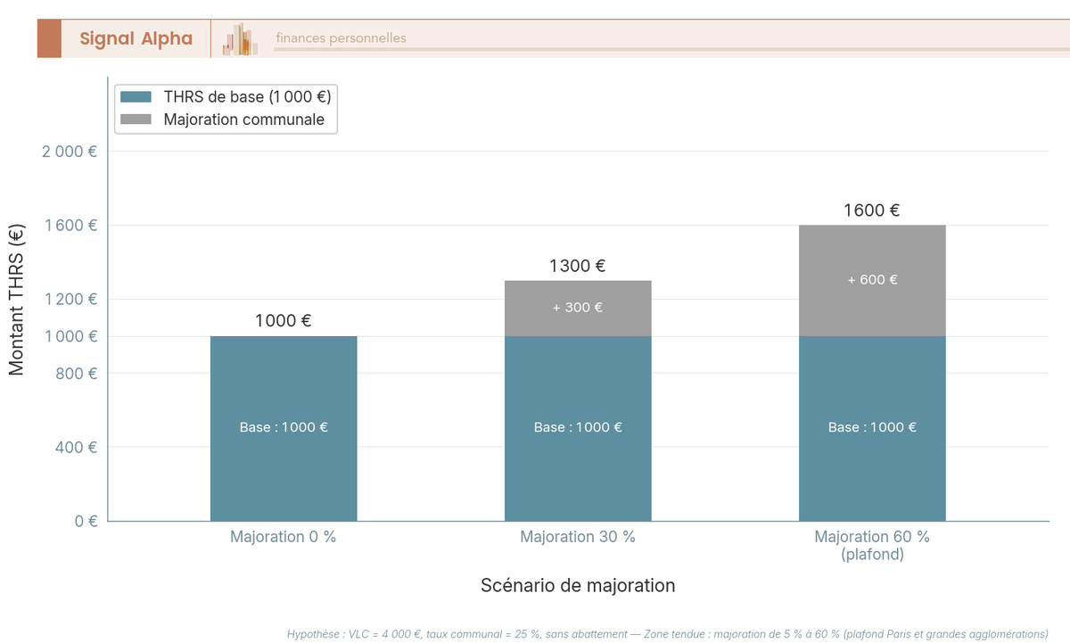 Diagramme à barres empilées comparant trois scénarios de majoration (0 %, 30 %, 60 %) : THRS de base 1 000 € plus majoration.