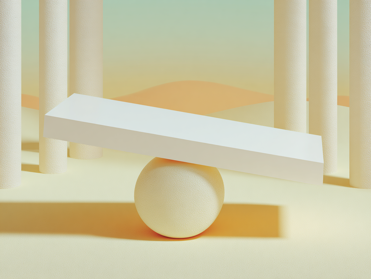 Illustration 3D minimaliste en tons beige — sphère lisse sur socle bas, formes géométriques disposées en progression, espace négatif ample et lumière douce
