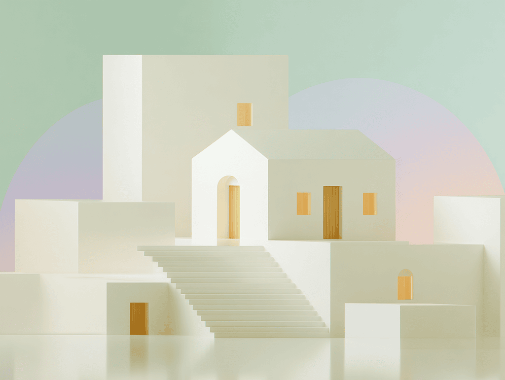 Village minimaliste en 3D avec maisons blanches à fenêtres dorées, escalier central et grands cercles pastel en fond